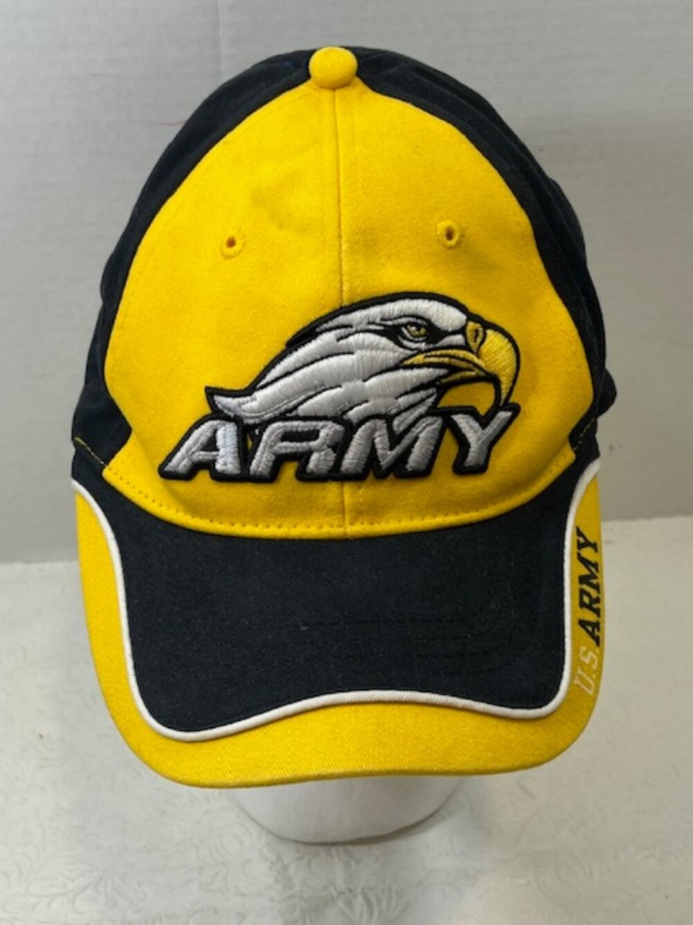 VTG US ARMY Eagle Crest Embroidered Cotton Baseball Cap Hat Yellow Black Patch